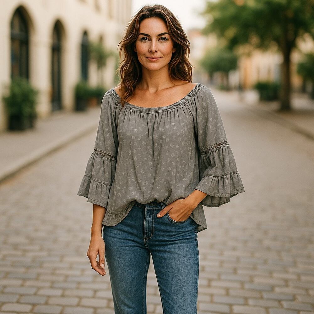 Standard Grace Women's Off‎ Shoulder Peasant Boho Top Gray Raw Edges XL Lyocell